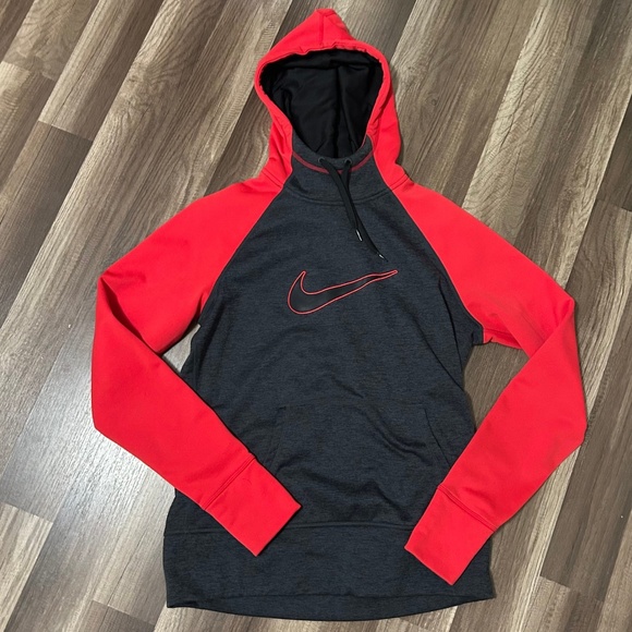 Nike Therma Fit Womens Hoodie M Gray Red Long Sleeve Pullover Activewear Sweater - Picture 9 of 9